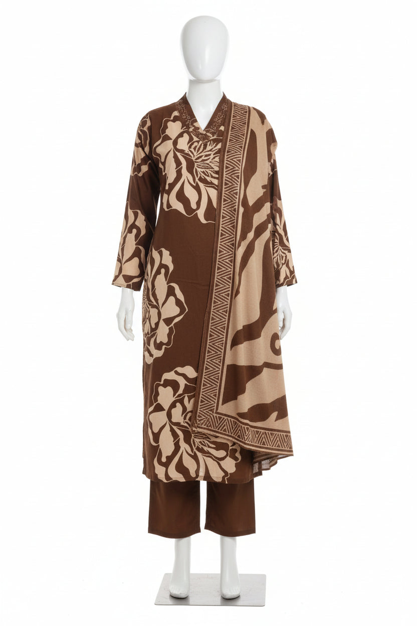 Brown Floral Printed Salwar Suit Set