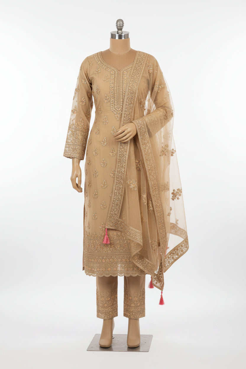 Beige Embroidered Georgette Salwar Suit Set