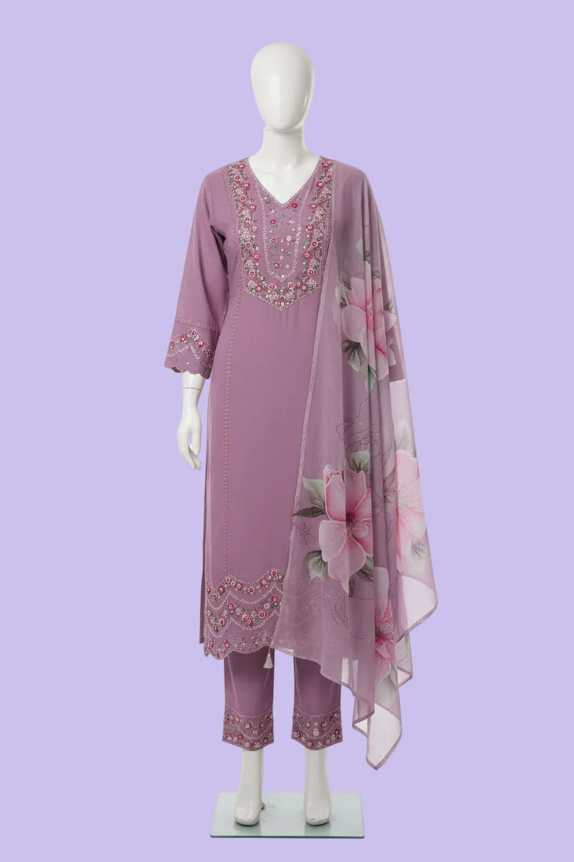Lavender Embroidered Kurti Set with Dupatta