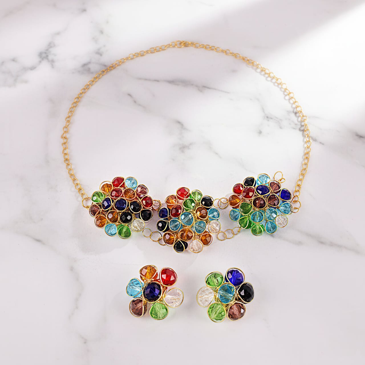 Tyaara Necklace Anti-Tarnish Multi Crystal Beads Choker Set With Earrings